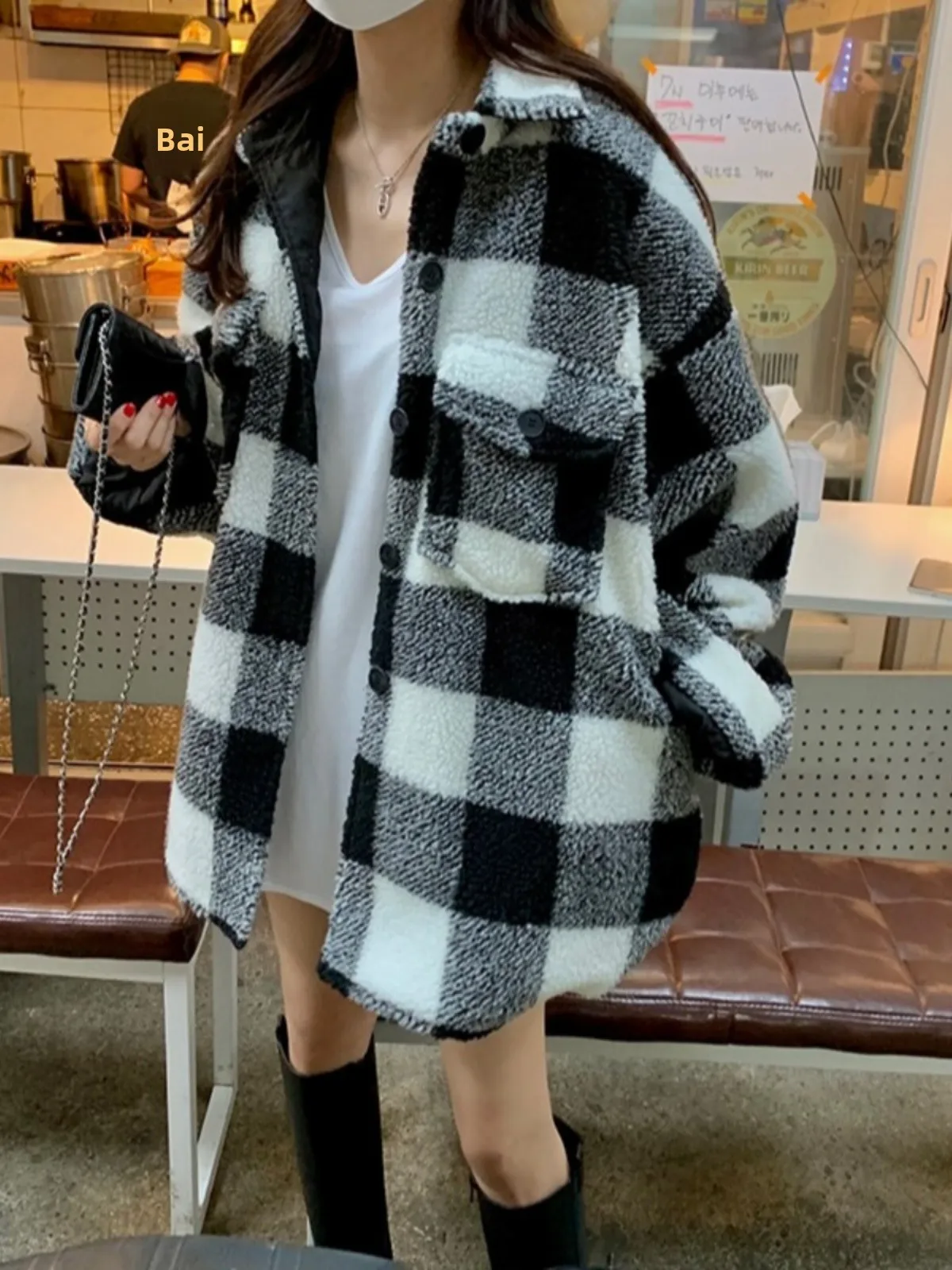 Retro Plaid Woolen Coat Women Winter Clothes Korean Version Turn-down Collar Internet Celebrity Fashion Single Button Open Ca...