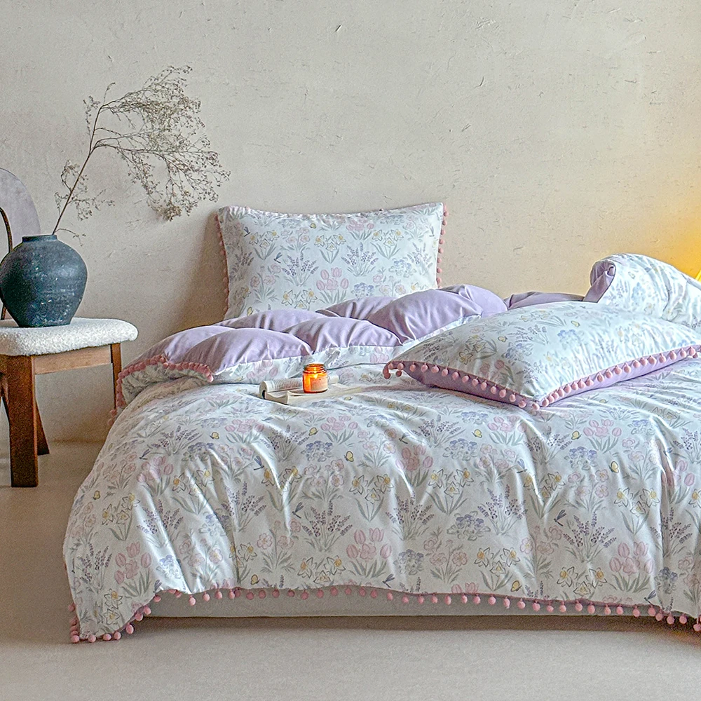 Duvet Cover Bedding Set Twin Full Queen King Size 135x200 Quilt Cover 240x220 Double Single Floral Ball Tassel Bed Linen 200x200