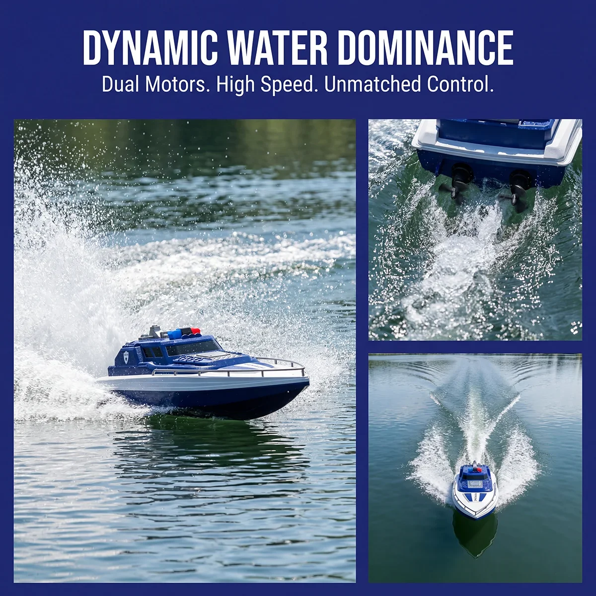RC Police Patrol Boat 15km/h High Speed 50M Range Dual Propeller 2.4G Remote Control Speedboat with Low Battery Alarm