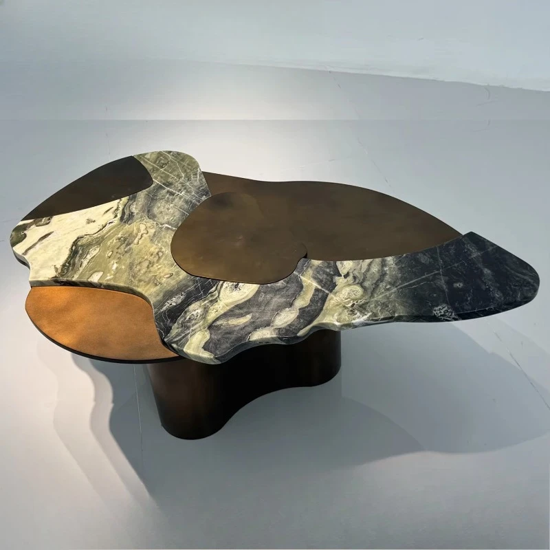 

High-end Italian minimalist designer coffee table, North American hardwood mango wood, luxury stone surface, metal frame