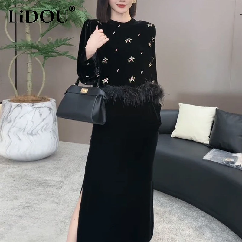 

Autumn Winter Round Neck Embroidery Feather Patchwork Long Sleeve Pullover Top Women Elegant Fashion Slim Slit Skirt Suit Women