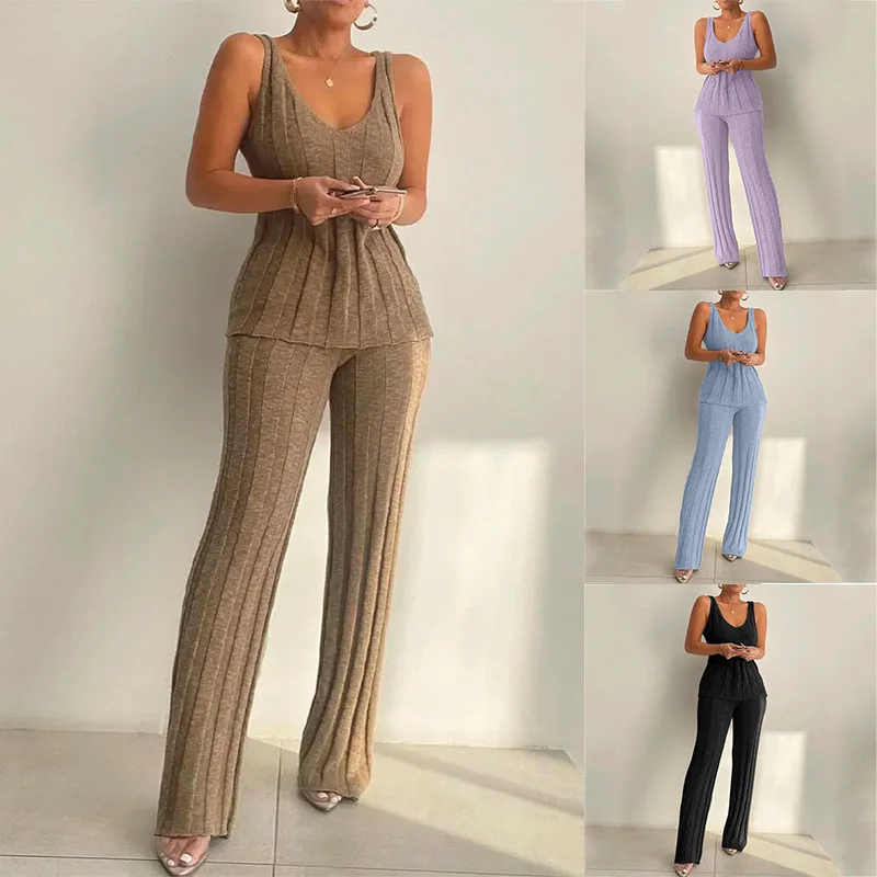 SKMY Two Piece Sets Women 2024 New Sleeveless Spaghetti Strap Top Slim Fit Pant Sets Autumn Winter Fashion Solid Color