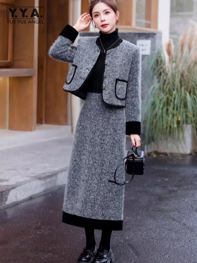 

New Winter Office Ladies Long Sleeve Down Short Coat High Waist A-Line Skirt Two Piece Set Elegant Fashion Women Matching Sets