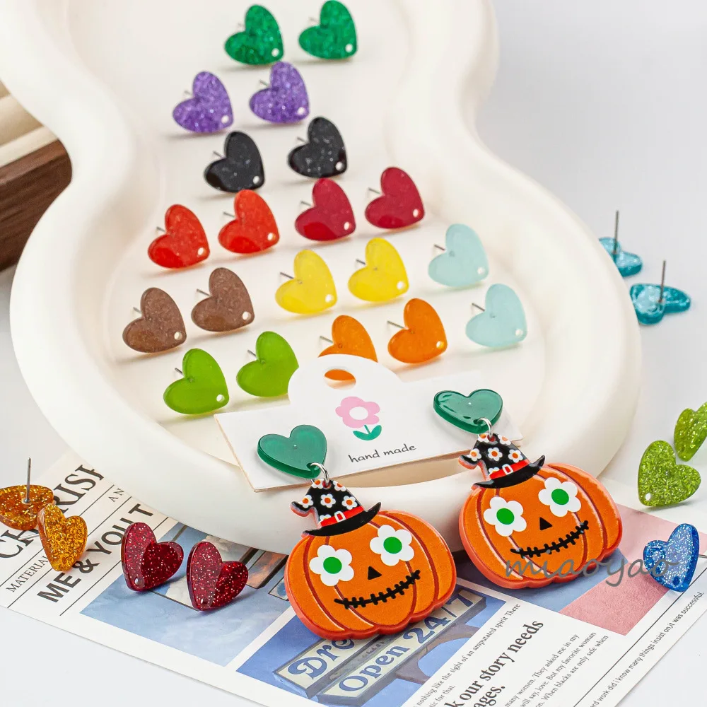 10pcs/lot Colorful Acrylic Heart Studs Earring Post Jelly Effect DIY Earrings Jewelry Material Accessories