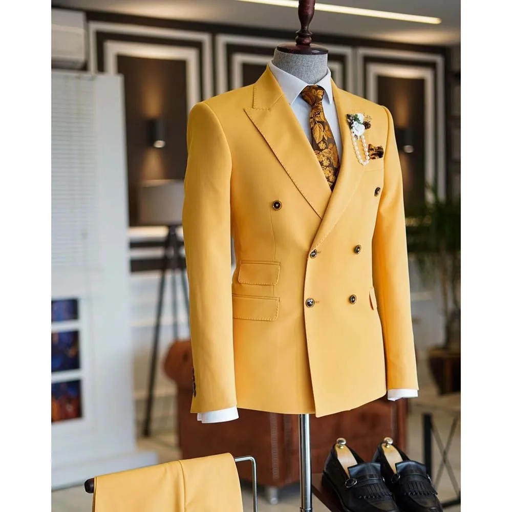 Luxury Yellow Men Suits High Quality Male Clothing Peak Lapel Elegant Wedding Slim 2 Piece Jacket Pants Full Set Costume Homme