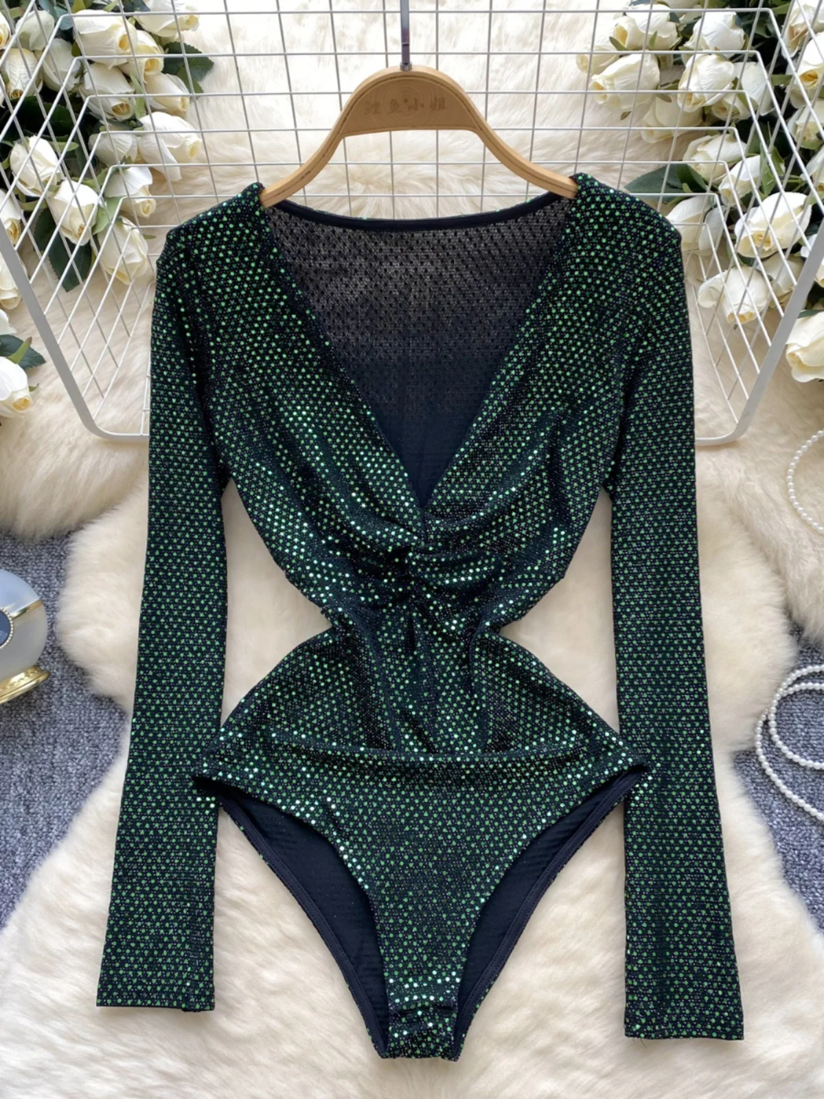 Ele – haut une pièce à paillettes pour femmes, amincissant, Design V-Ne, luxe, jambes droites, taille haute, pantalon ort