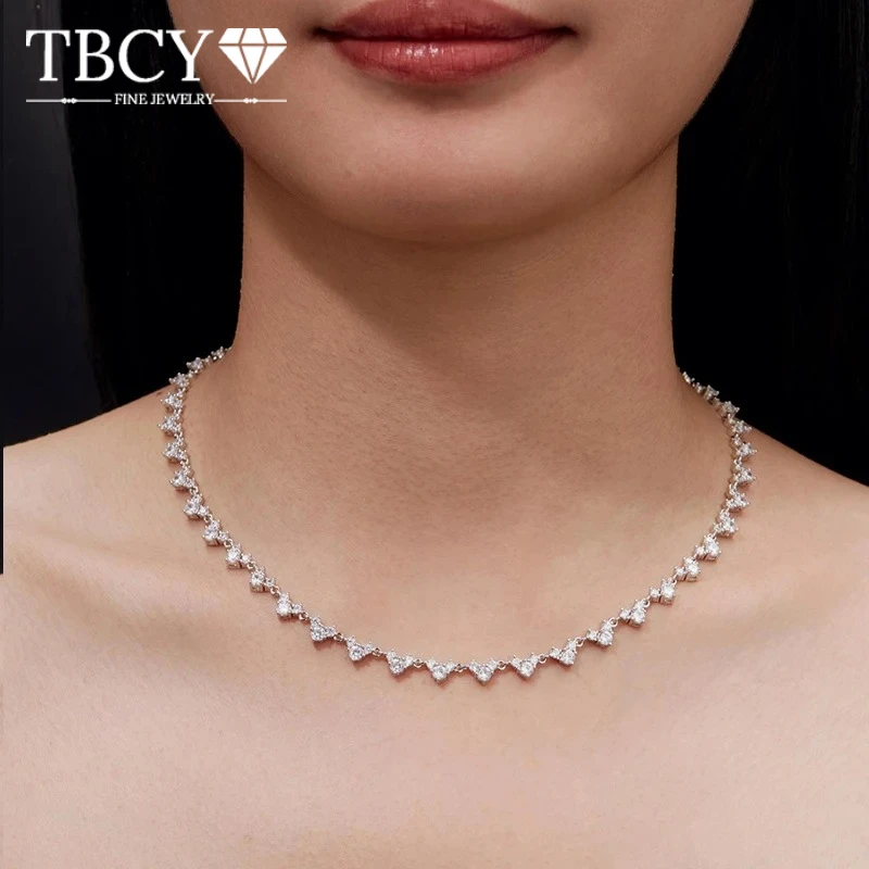 

TBCYD 3mm Full Moissanite Tennis Necklace for women Silver chain 925 Luxury 3-Stone with GRA Plated 18k Sparkle Party Jewelry