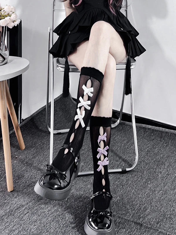 Black Socks For Women's Mid-Calf Socks Japanese Style JK Lolita Long Stockings Bowknot Slouch Hosiery Japanese New Hose Ladies