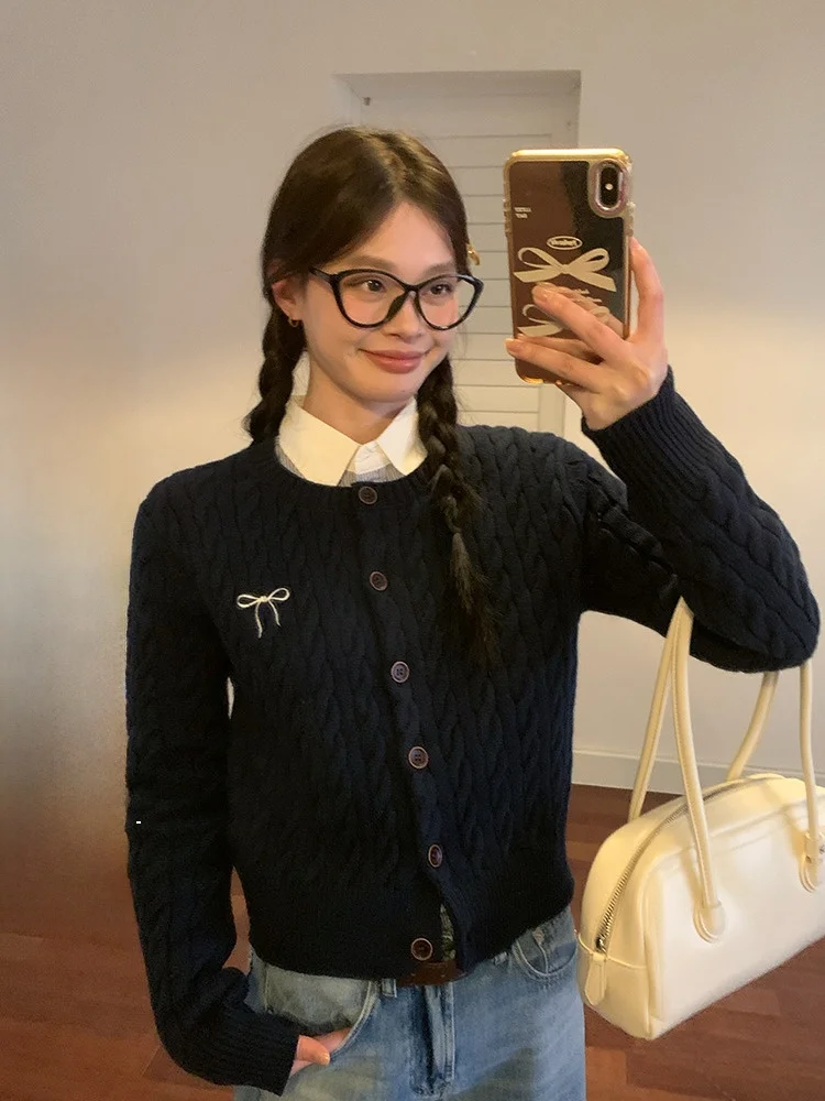

Blue Knitted ort Cardigan Women's Faion Knot Sweater Top Autumn Sle Casual Comfortable Korean Version Sizing