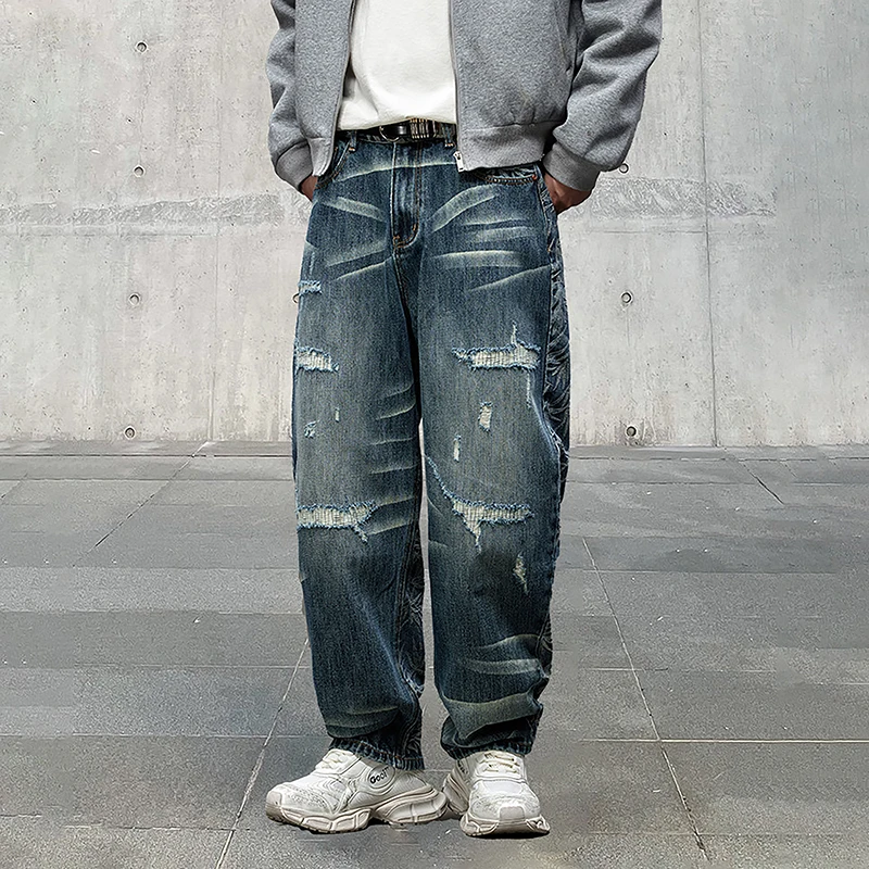 

Bent Knife Jeans Men'S Loose Straight Leg Wide Leg Ripped Patch Embroidery Design Sense Niche High Street Pants