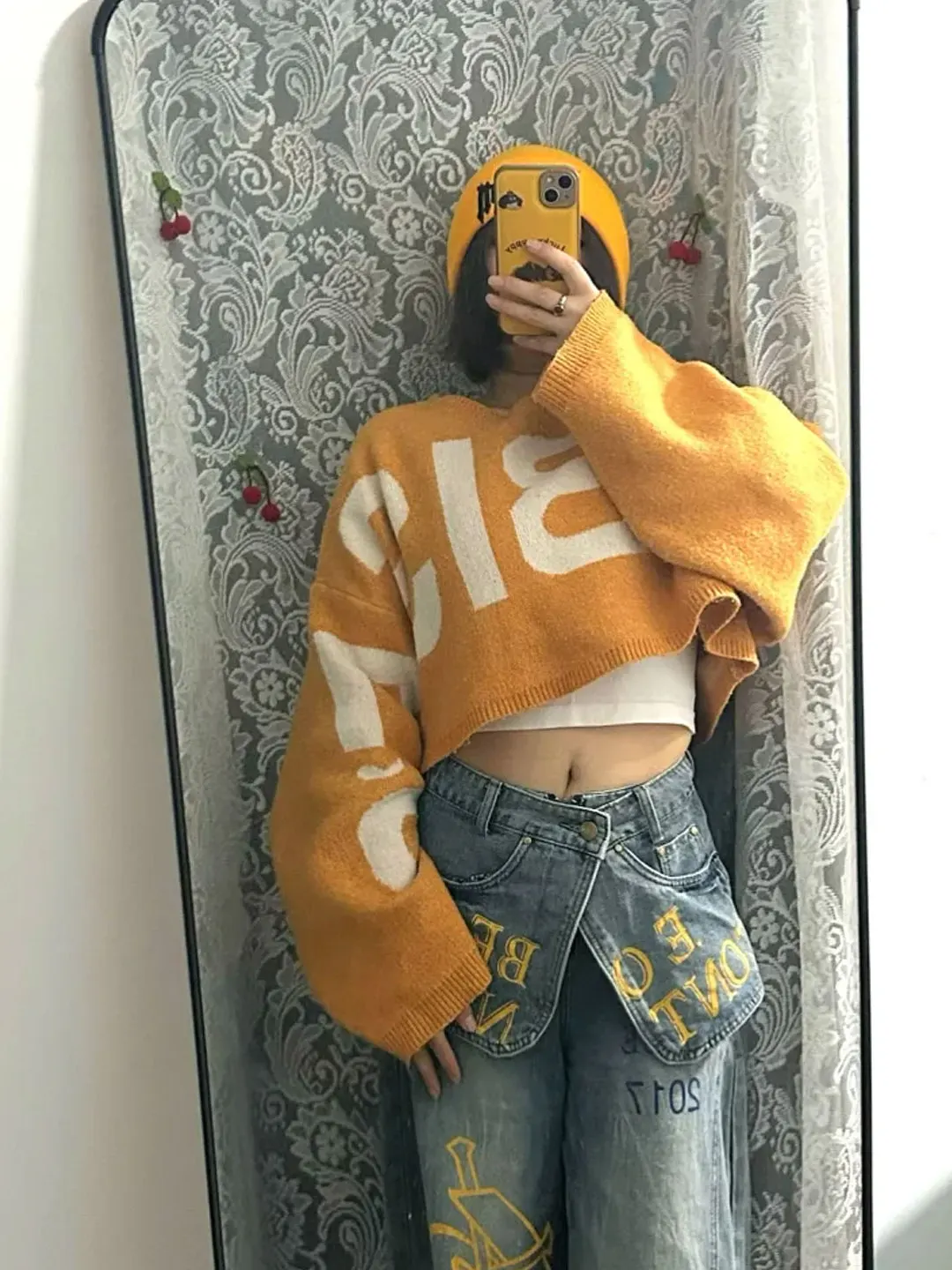 

Loose Women's Knitted Sweater Yellow Letter Print Autumn Winter Outerwear Casual Style Short Length Comfortable Fit Top