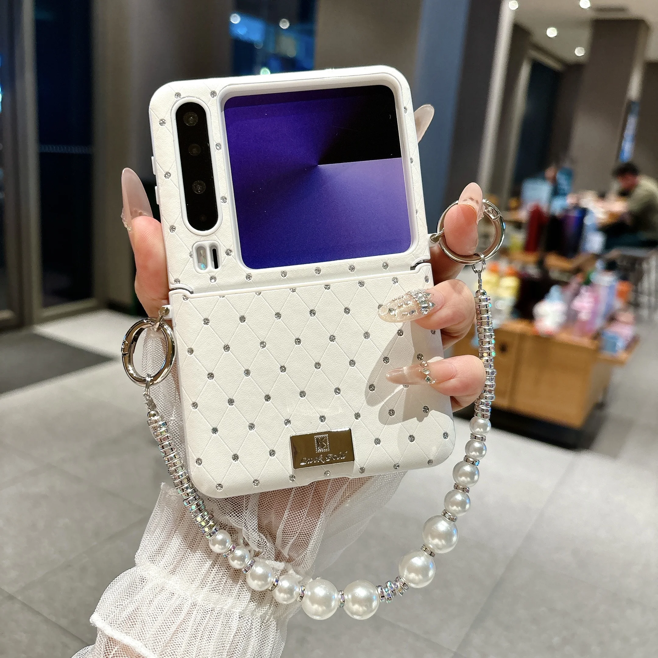 Étui mignon avec strass scintillants en forme de losange et chaîne pour Huawei Pocket2 Nova FLIP S Pura X