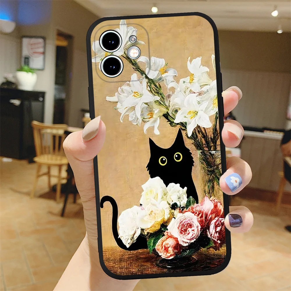 Retro Oil Painting Van-Gogh Black Cat Phone Case for iPhone 15 14 13 12 11 Pro Max Mini 7 8 Plus SE X XS XR Silicone Art Covers