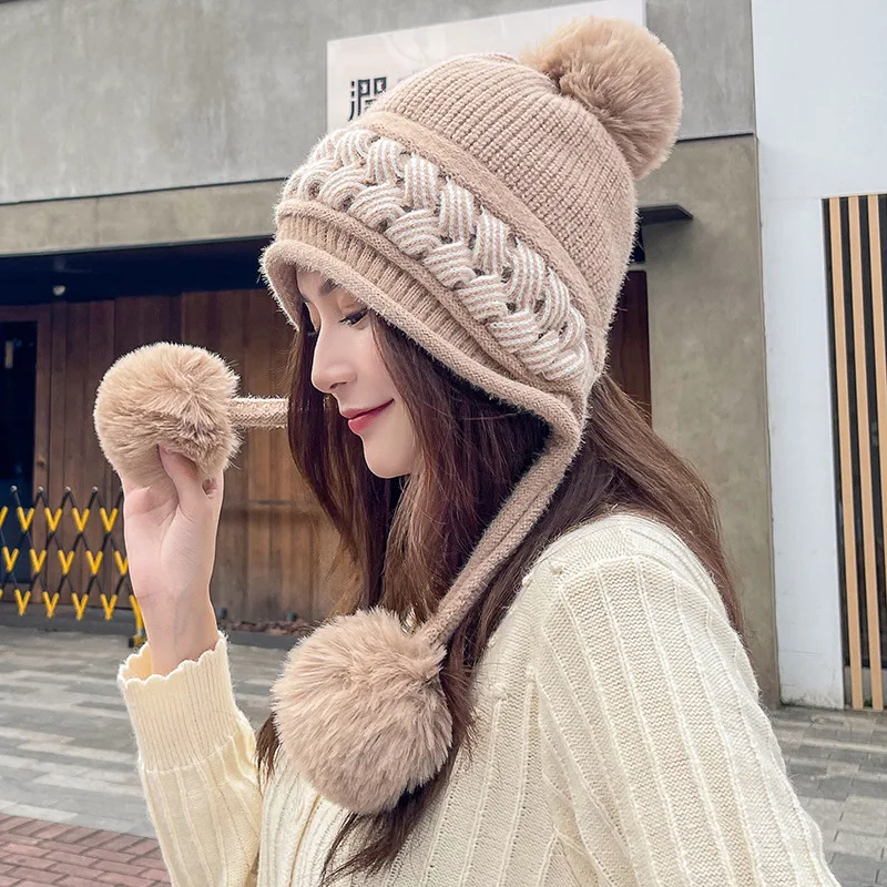 Women Winter Peruvian Cover Ears Beanie Hat Ear Flaps Sherpa Ski Snow Caps Knit 3 Pom Pom  Outdoor Cold Weather