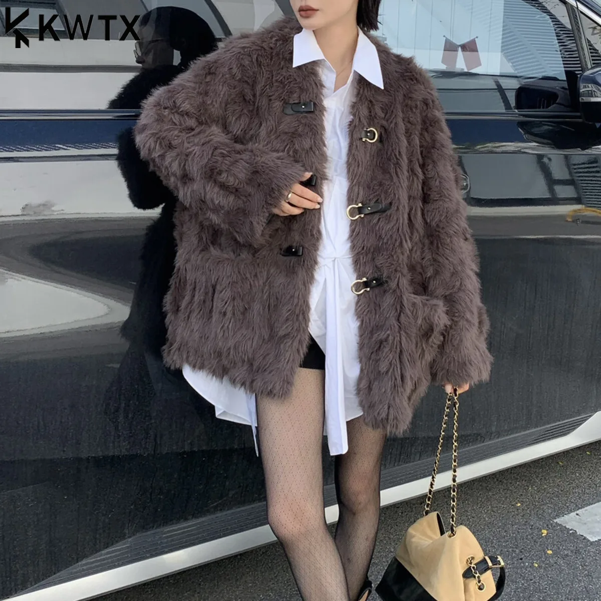 

KWTX Women’s Faux Fur Coat Mid-Length Thickened Round Neck Designer Casual Elegant Vintage Luxury New 2025 Autumn Winter