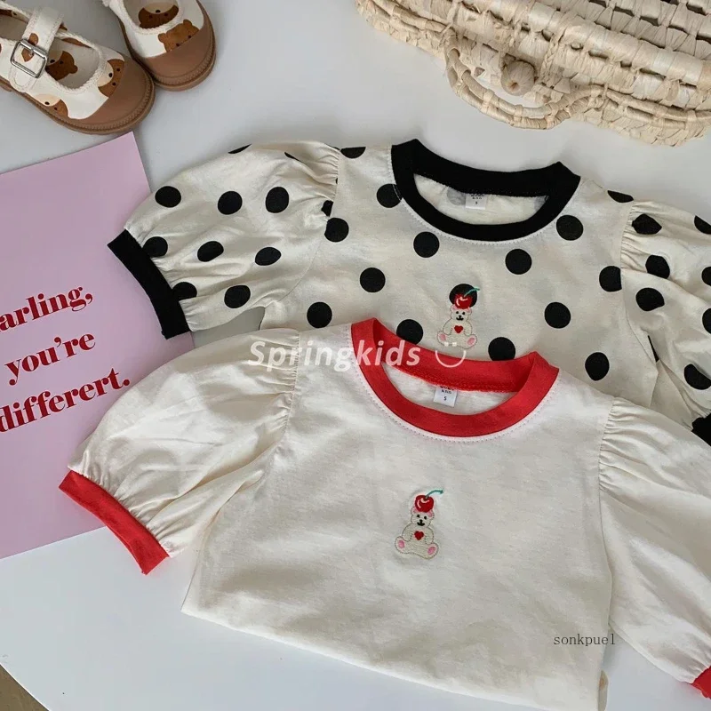 Summer Children's T-shirt Clothing Cute Wave Dot Small Fresh Embroidery Bear Girl Tops Baby Tshirt Kids Clothes