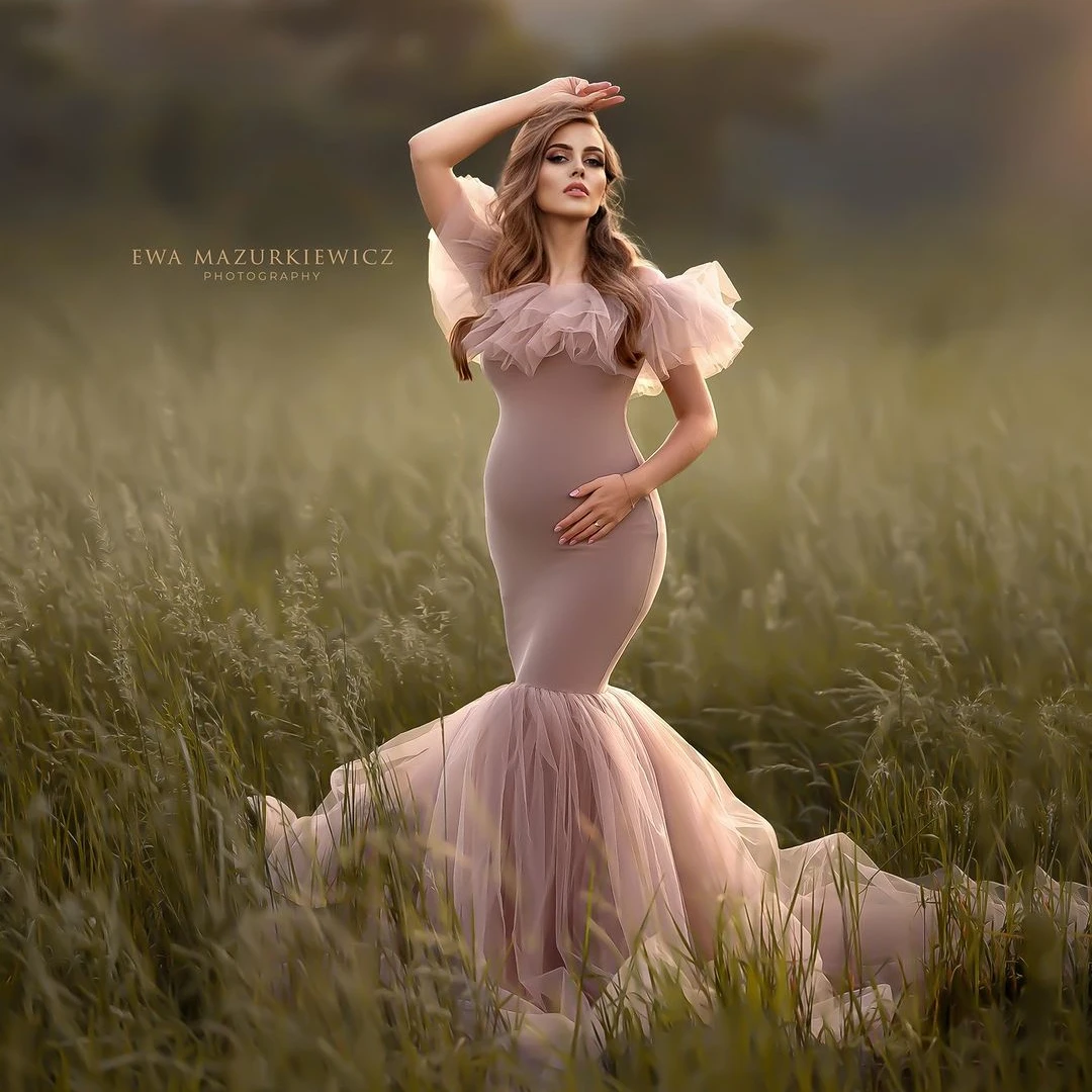 

Off Shoulder Mermaid Maternity Robes for Photo Shoot Elegant Spandex Tiered Ruffles Pregnant Women Dresses Sexy Babyshower Gowns