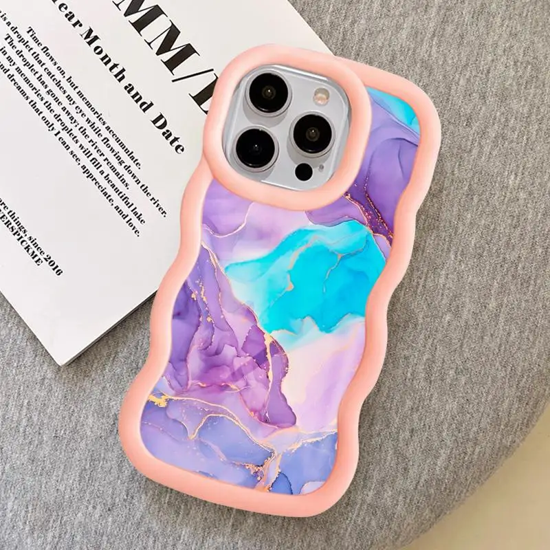 Luxury Purple Blue Marble Art Macaron Waves Phone Case for iPhone 16 15 14 13 12 11 pro Max XS X 7 8 plus Silicone Candy Cover