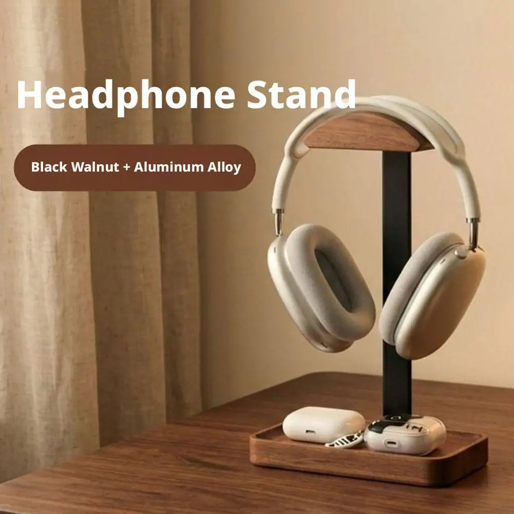 Solid Walnut Wood Headphone Stand CNC Aluminum Gaming Headset Holder Desktop Bracket Storage Tray Base Earphone Hanger
