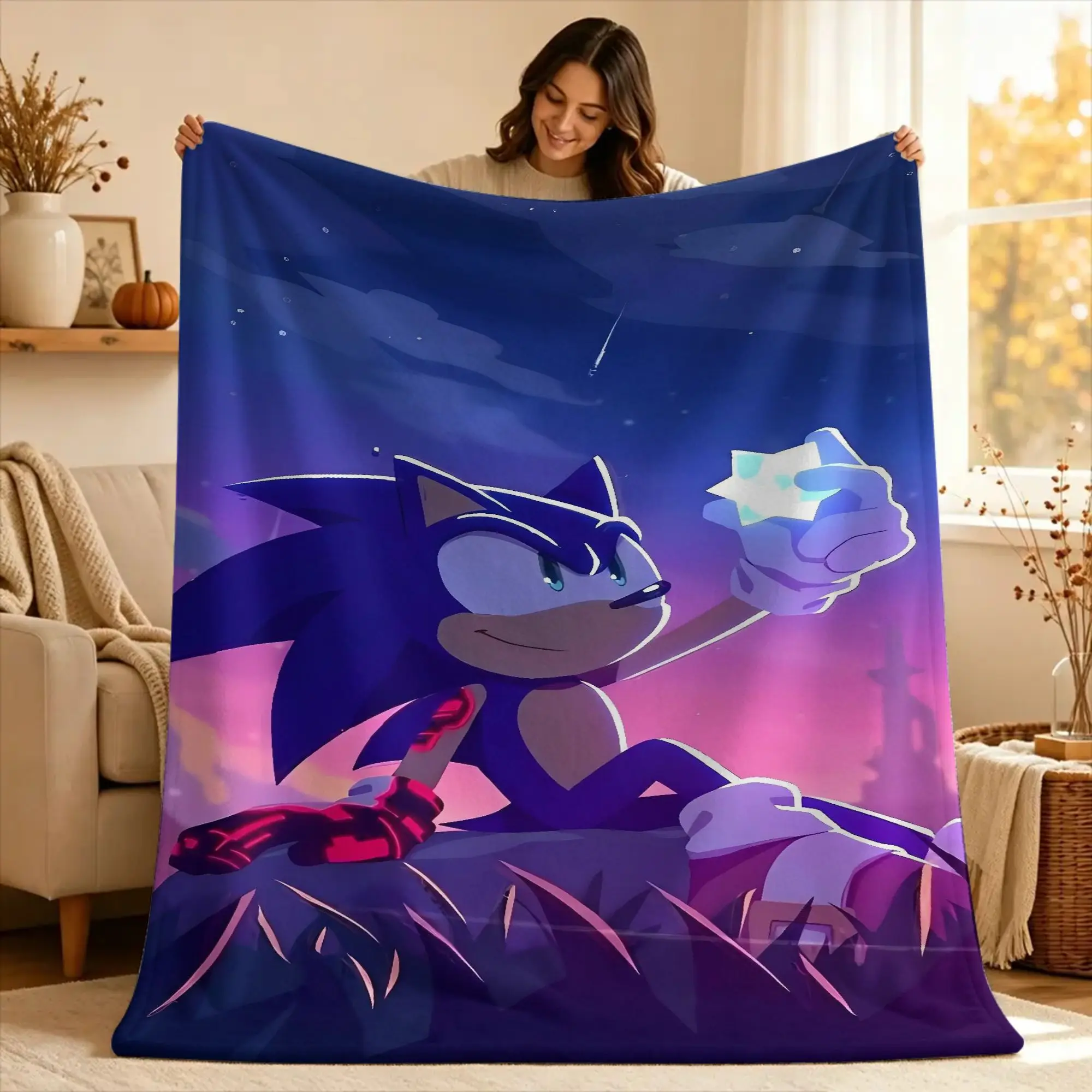S-sonic The Hedgehog  Blanket  Picnic Flannel Bedding Throws For Living Room Warm Soft Custom DIY Quality Bedspread Gift