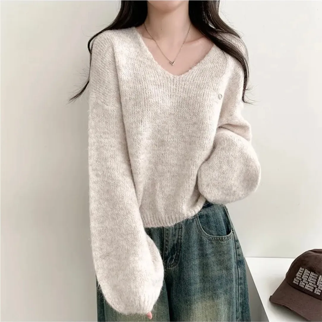 

Шикарный повседневный свободный трикотаж с v-образным вырезом, женский простой ленивый сарафан, весна-осень, универсальный длинный топ све, пушистый, удобный