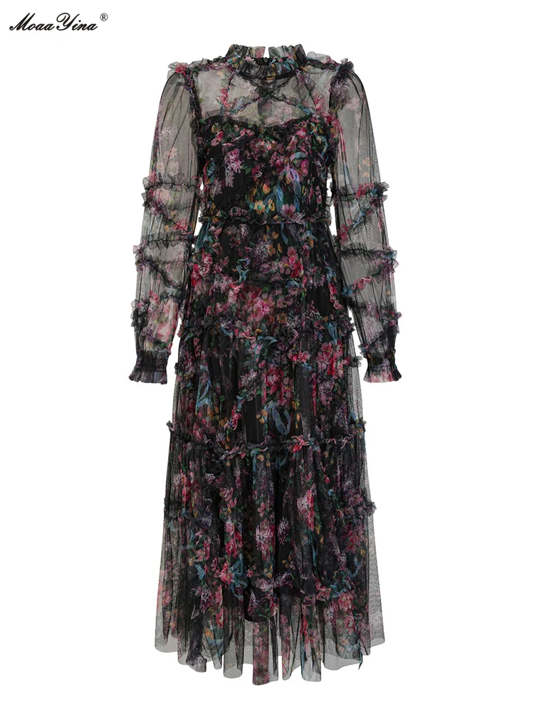 

MoaaYina Fashion Designer Spring Women's Dresses Puff Sleeve Printing Floral Ruched Office Lady Style Party A-LINE Empire Dress