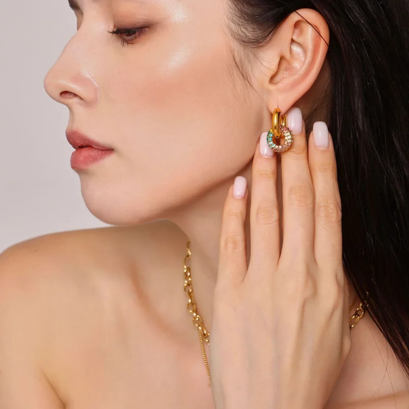Europe And The United States Ring Zircon Earrings Double Circle Niche Design Stainless Steel Colorfast New Earring Women Jewelry