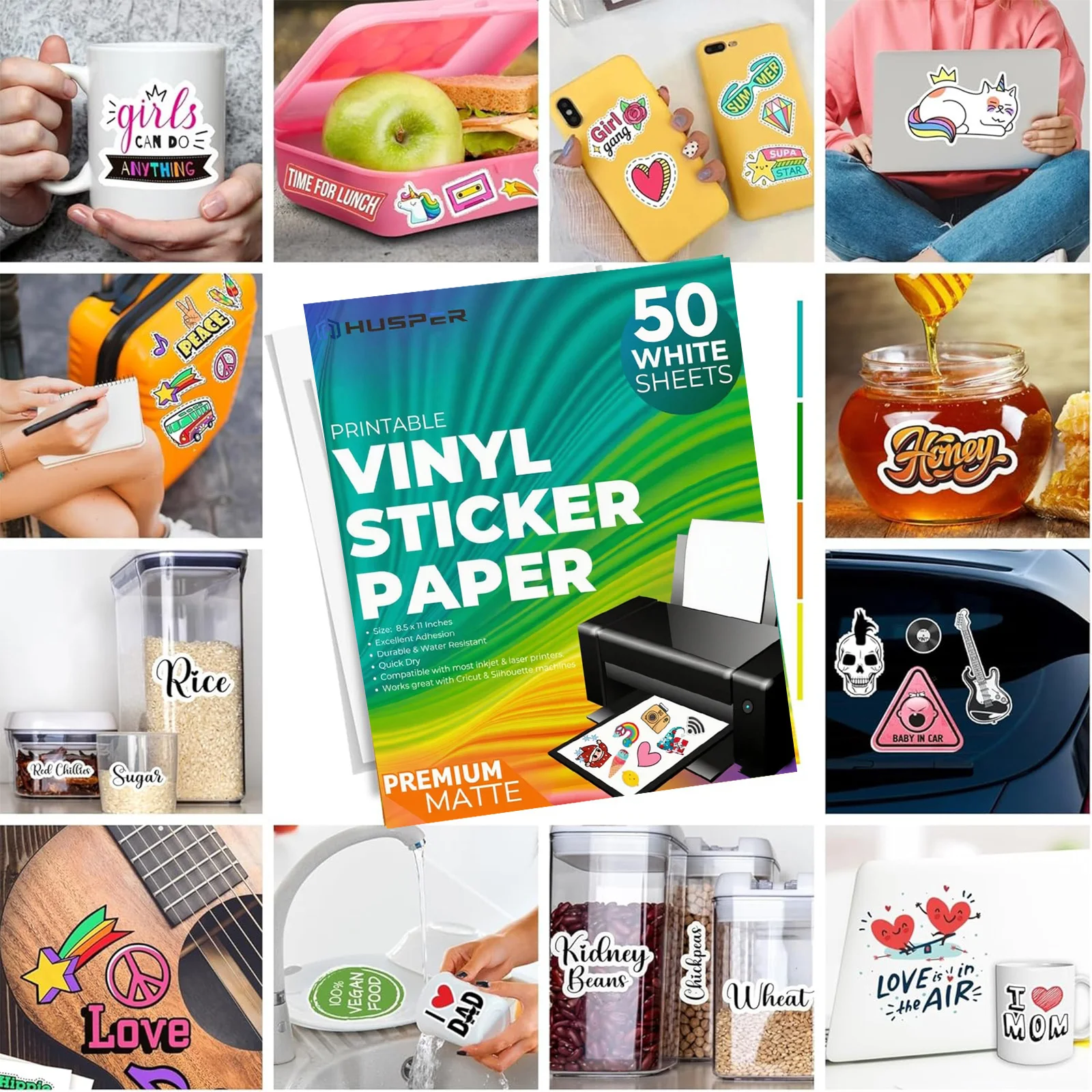 ورق لاصق فينيل ممتاز قابل للطباعة لطابعة نافثة للحبر والليزر - 50 ورق لاصق أبيض غير لامع مقاوم للماء