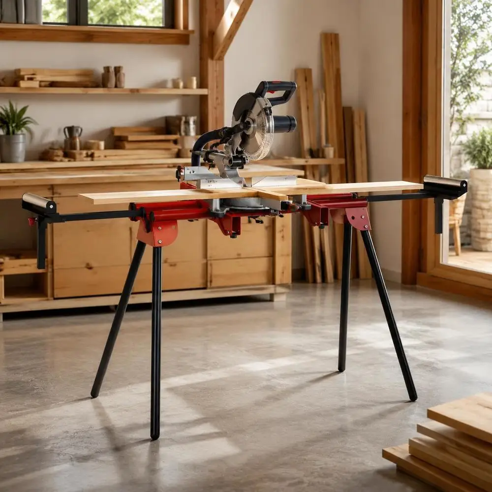 Support de scie à onglet en métal avec supports à roulettes extensibles et pieds pliables pour atelier, découpe du bois et utilisation portable