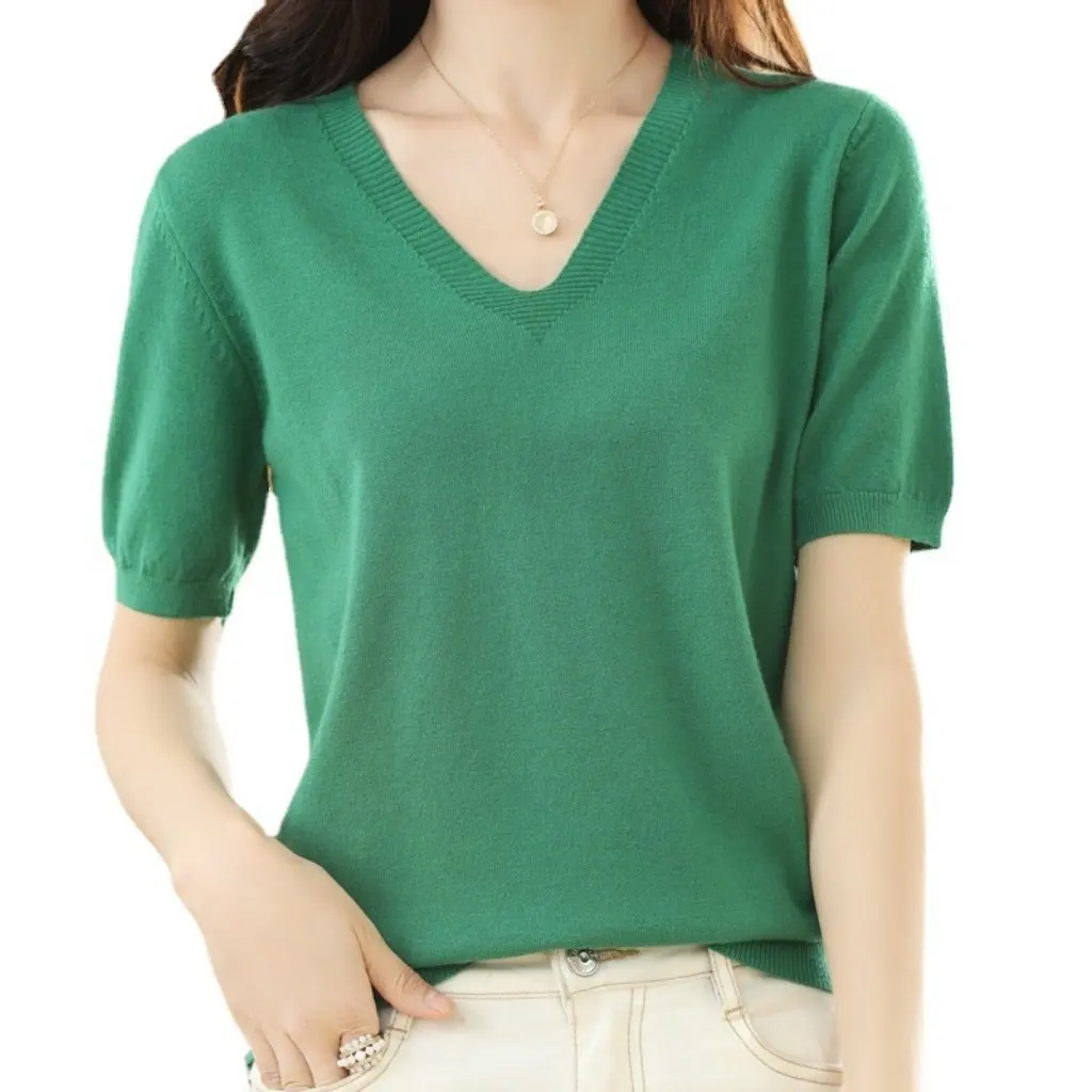 

Women's V-neck Short-Sleeved Knitted T-shirt Pullover Thin Sweater Mid-Sleeve Joker Fashion Trend Wholesale