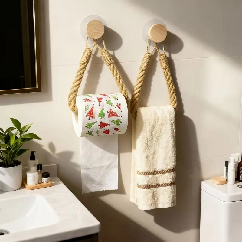 1 Piece of Hand-Woven Hemp Rope Paper Towel Holder, Made of Solid Wood with Rope Weaving, Natural Wood Hook, Non-Scented Fabric Towel Storage Rack, Creative No-Drill Wall-Mounted Design, Suitable for Home and Commercial Use