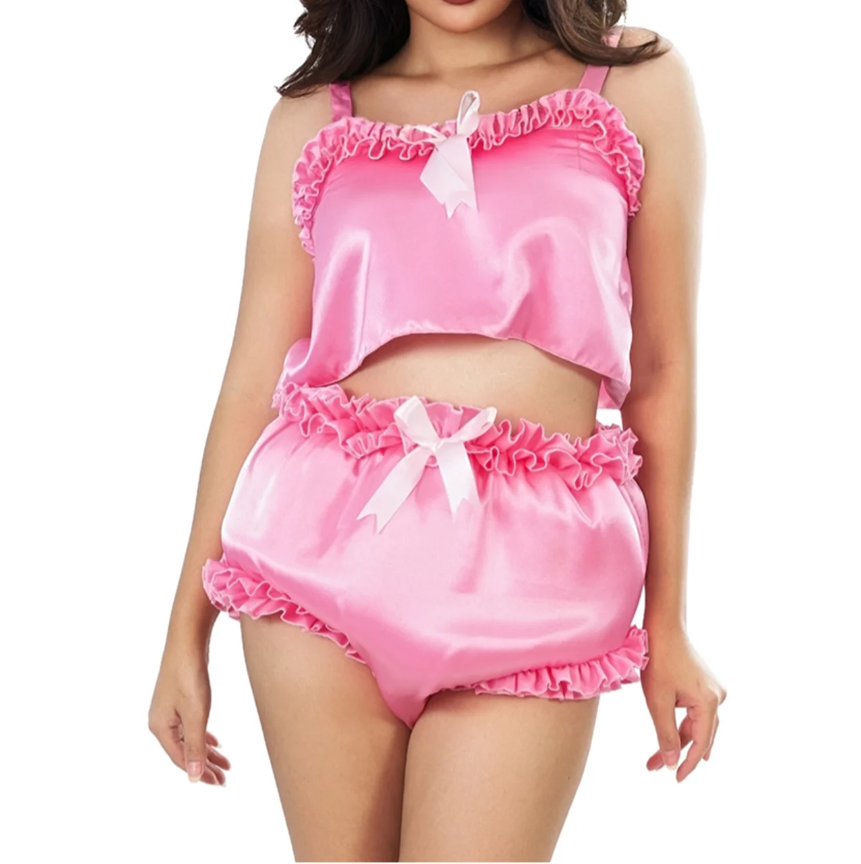 

Satin And White Bow Splicing Two-piece Set Thin Shoulder Camisole Top And Triangular Shorts Pink Smooth