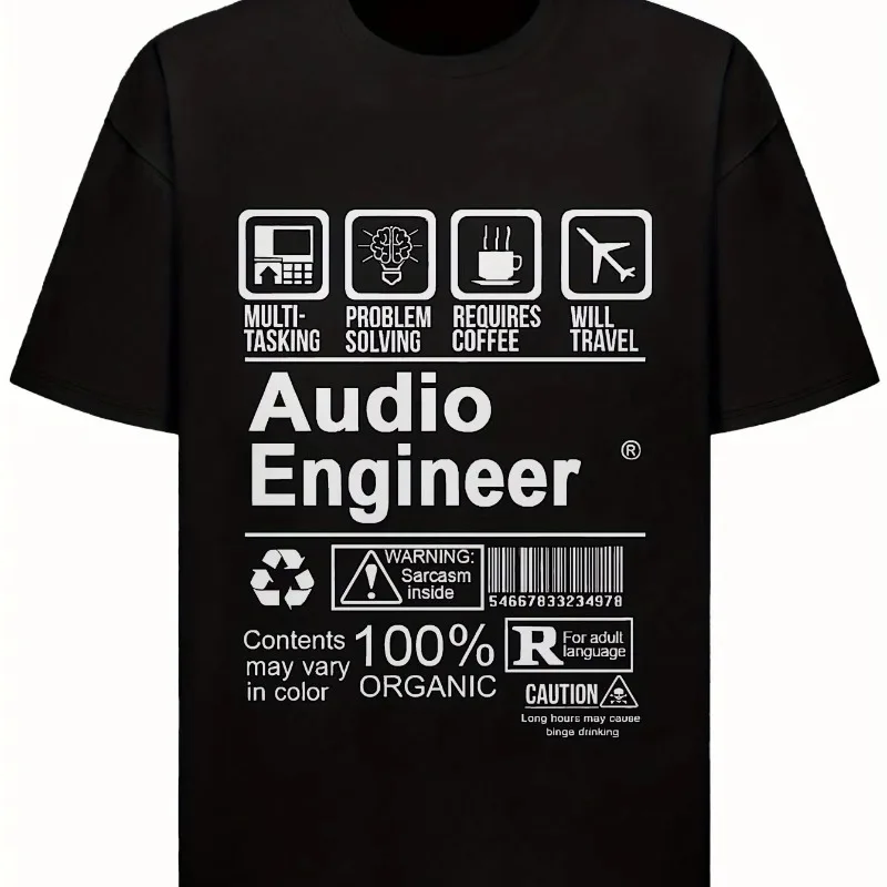 Men's Fun Audio Engineer Pattern T-shirt Problem Solver Satirical Sound Engineer, Suitable for All Seasons