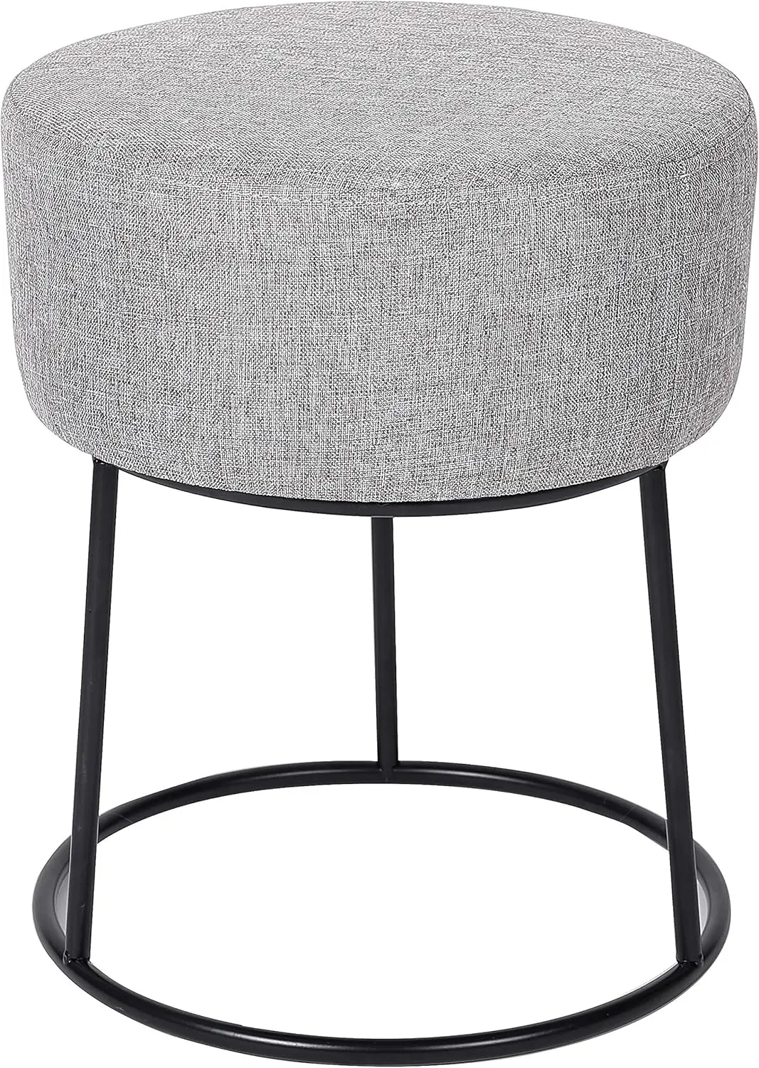 HOME Foot Rest Linen Ottoman - Upholstered Vanity Chair with Black Metal Legs - Soft Padded Round Stool for Living Room