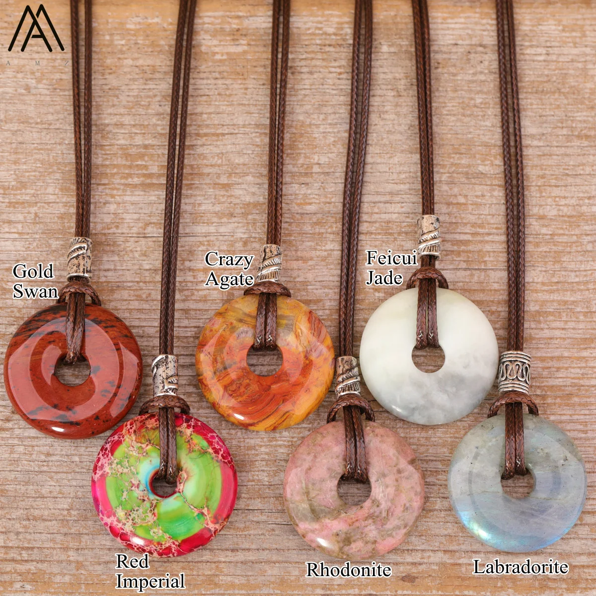 Healing Donut Crystal Pendant Necklace For Women Natural Amethyst Lapis Tiger Eye Stone Leather Necklace Fashion Jewelry Bijoux