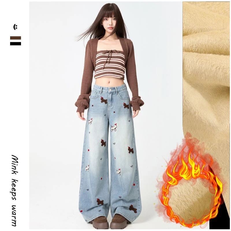 

ZHISILAO зимние джинсы с принтом собаки и вышивкой, женские толстые теплые джинсовые брюки с надписью, шикарные прямые джинсовые брюки с широкими штанинами, уличная одежда 2025