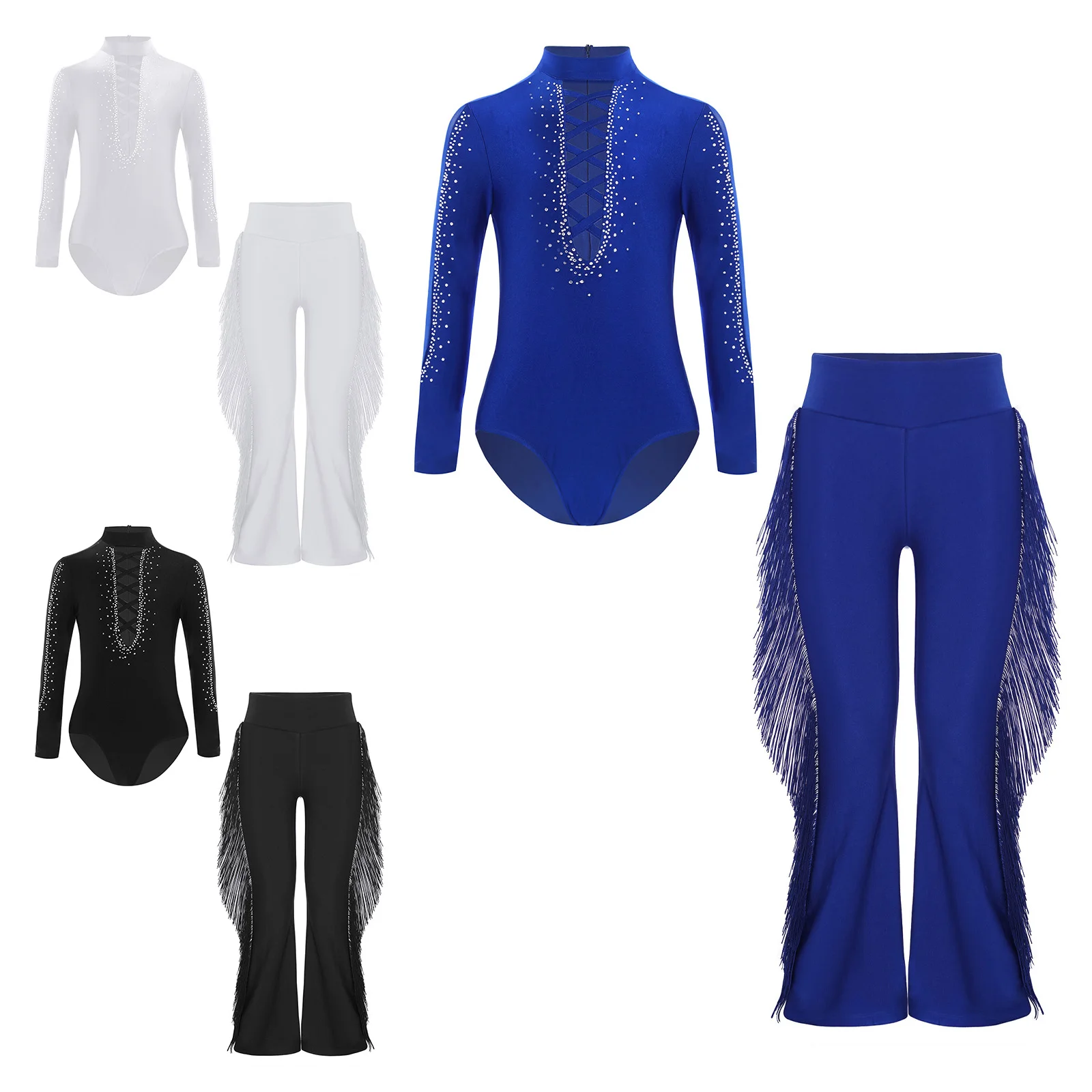 

Kids Boys Latin Chacha Dance Performance Costume Ballroom Tango Dance Outfits Rhinestones Leotard with Tassels Bell-Bottom Pants