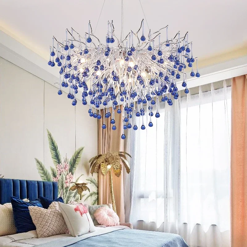 New Pink Branched Crystal Chandelier for Children\'s Room Decoration Water Droplet Ceiling Interior Decoration Light