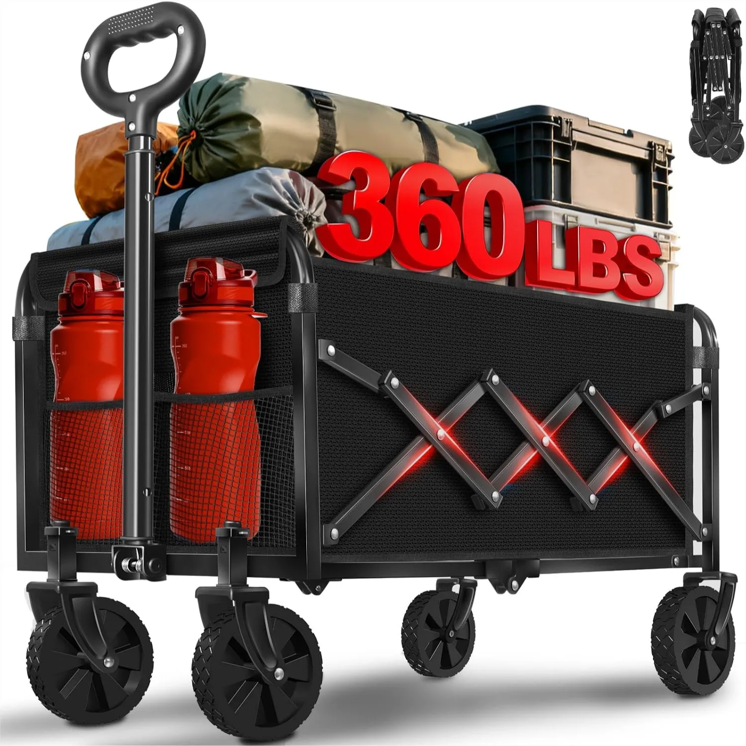 

Foldable Wagon Cart 360 lbs Capacity with Swivel Wheels, Lightweight Collapsible Cart for Camping Beach Grocery Shopping