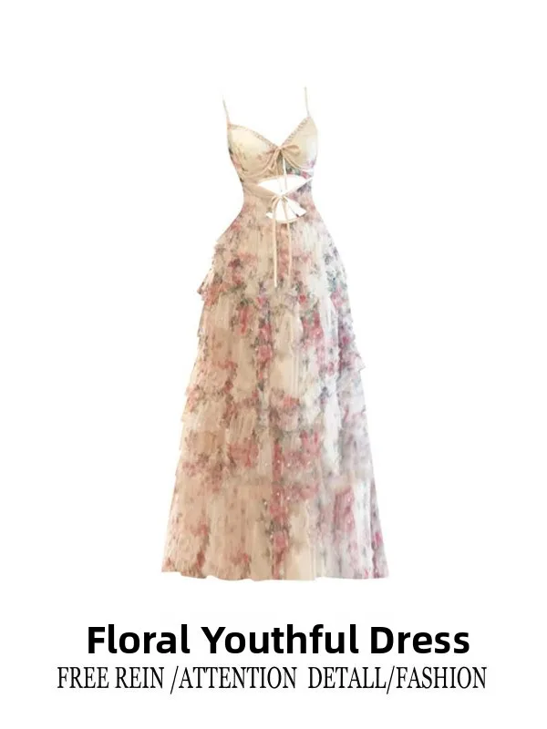 Elegant plus Size Floral Lace Hollow out Beach Vacation Style Dress Slimming Waist Cinched Summer Long Sleeveless V-Neck Dress