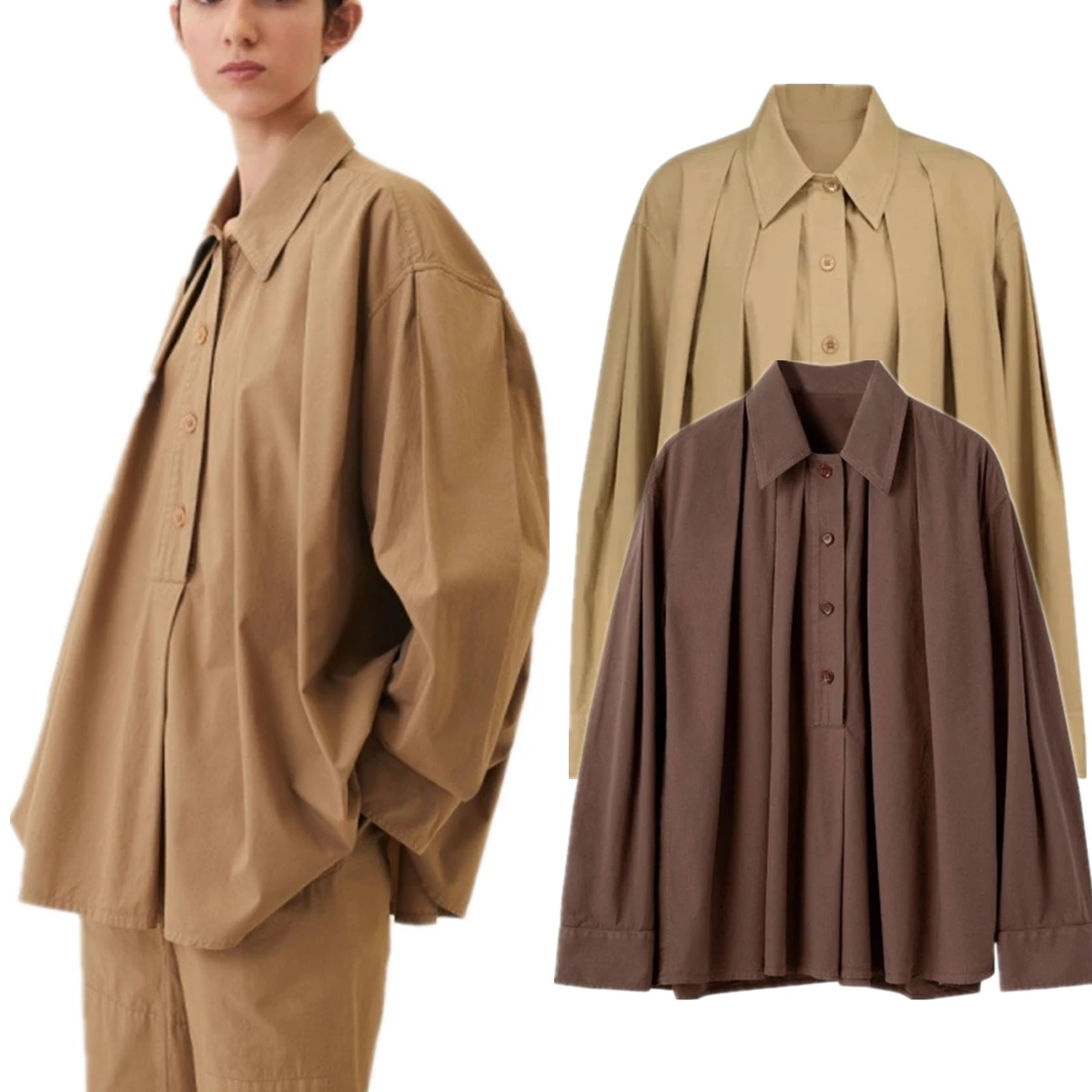 

Минималистичная свободная плиссированная рубашка Maxdutti из чистого хлопка, женские блузки и рубашки, женская одежда, топ с длинными рукавами в стиле ретро с ленивым воротником