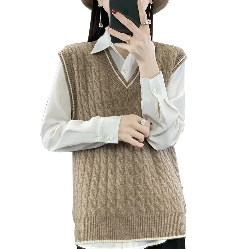 Women Stripe Patchwork Knitted Thick Vest China Fashion V-Neck Sweater Waistcoat Ladies Vintage Sleeveless Casual Knitwear Tops