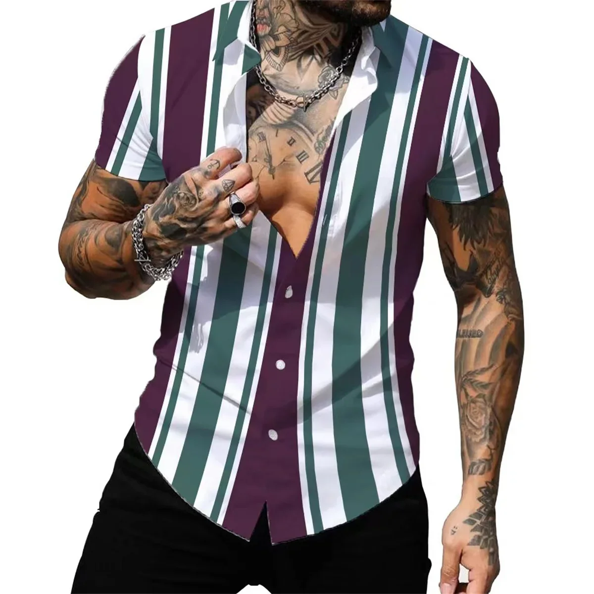 Men's Simple Striped 3D Printed Color Palette Lapel Short-sleeved Shirt Men's Hawaiian Vacation Beach Clothes Business Casual