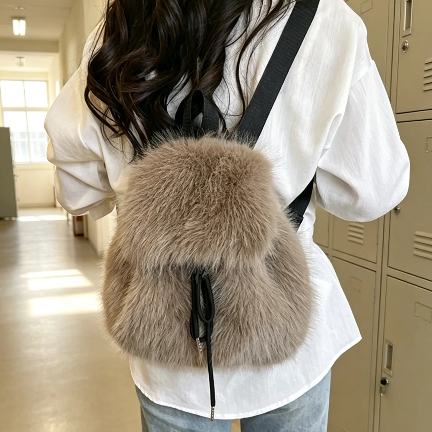 Cute Fluffy Plush Backpack for Women Girls School Daily Casual Lightweight Soft Furry Rucksack Student Travel Outdoor Bag ﻿