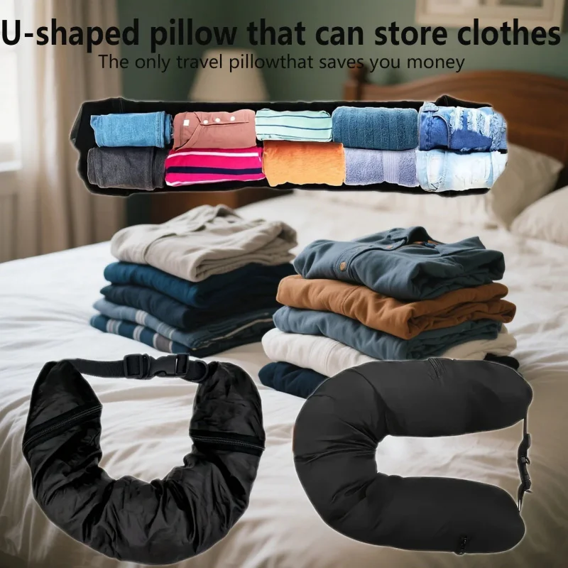 2026 NEW Fashion Travel Pillow With Storage Pouch, Adjustable Polyester Neck Support, Comfortable & Lightweight