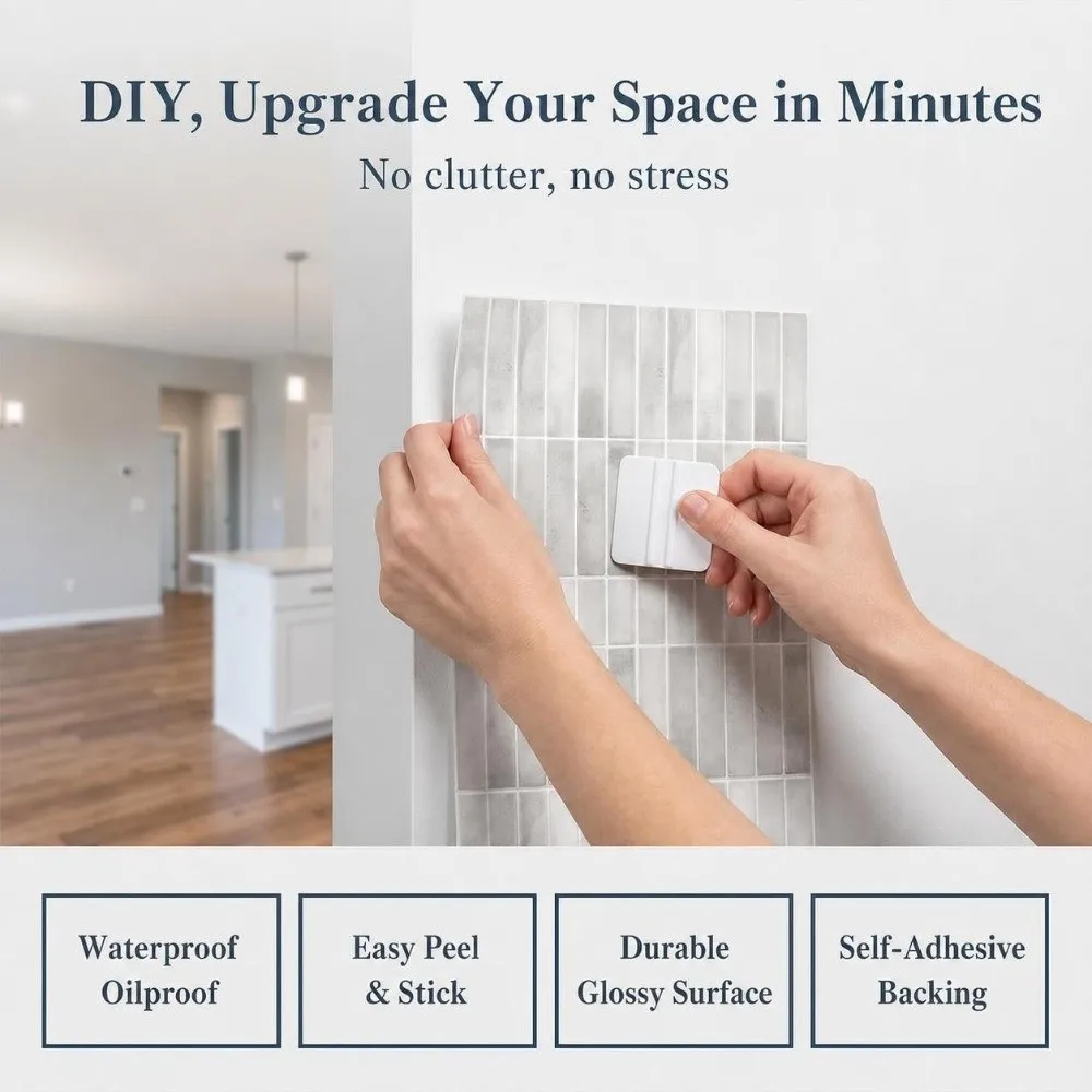 2PCS Vintage PVC Self Adhesive Tile Sticker 2D Print Wipe Clean Backsplash Cover Wallpaper Thick Oil Proof