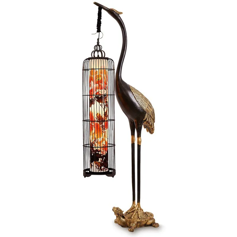 New Chinese floor lamp antique crane lantern zen Chinese style living room sofa vertical ornament wrought iron birdcage lamp