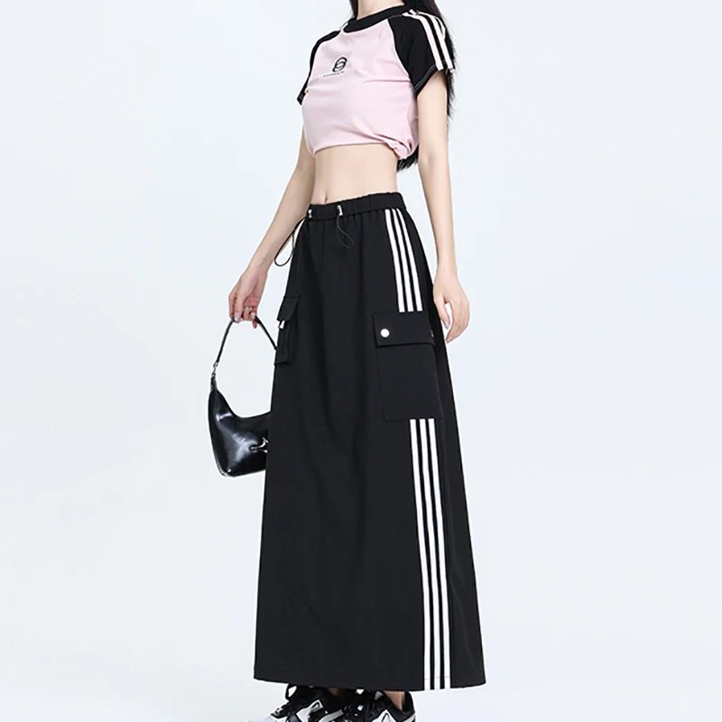 ITOOLIN Women Drawstring Stripe Long Skirt Casual Loose High Waist Office A-line Skirt Women Y2K Streetwear Side Slit Skirts