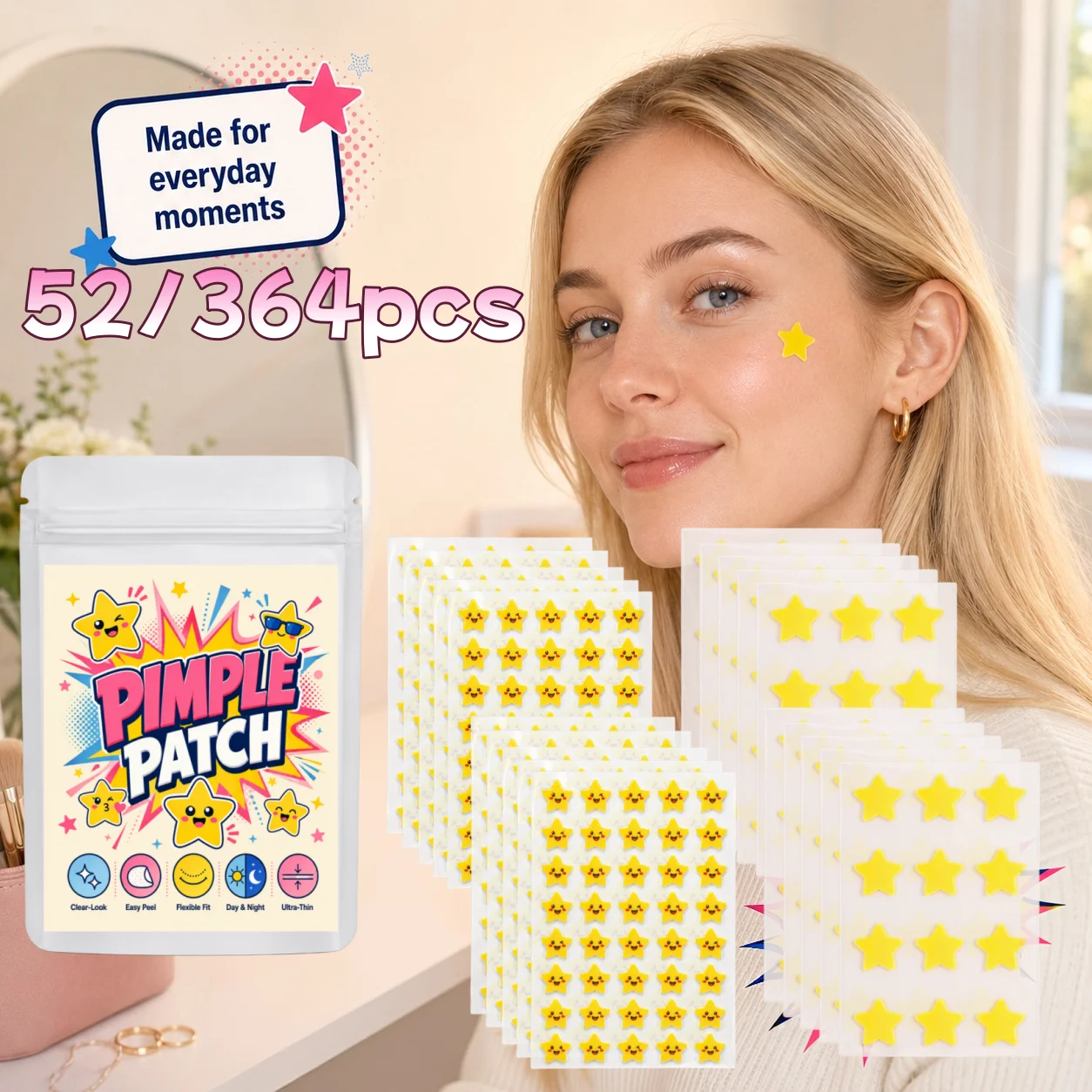 52/364pcs Yellow Star Pimple Patches, Cute Printed & Solid Designs, Ultra-Thin, Breathable, Comfortable for Daily Wear