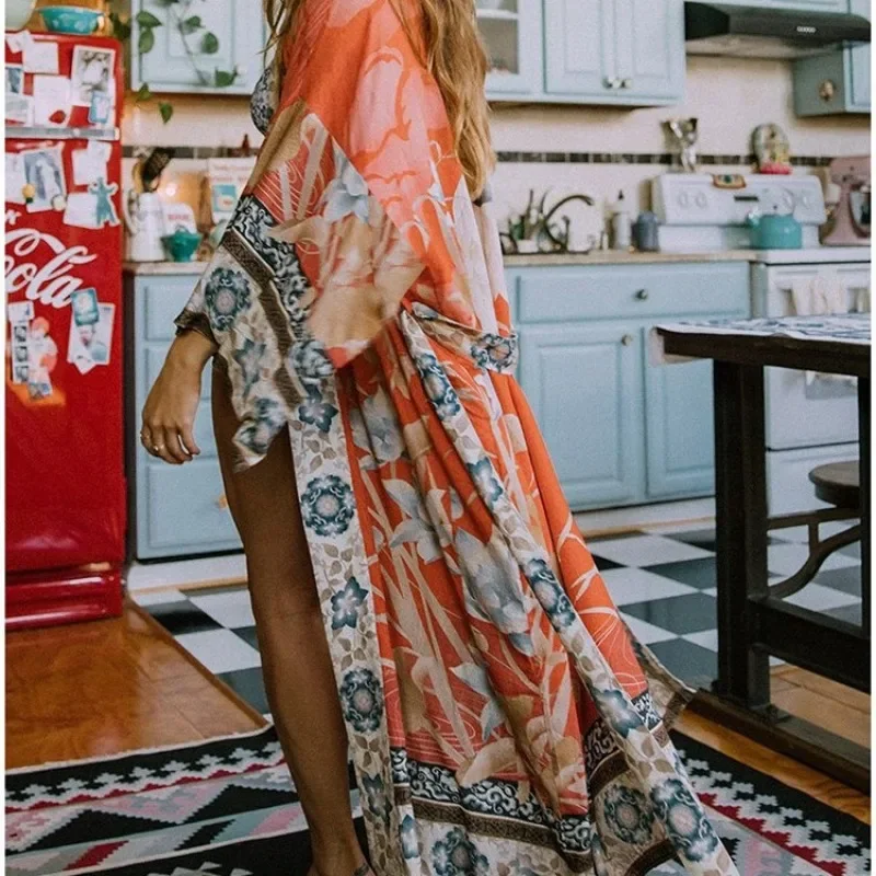 

Lunaria Bohemian Printed Bikini Cover-ups Elegant Self Belted Kimono Dress Tunic Women Plus Size Beach Wear Swim Suit Cover Up